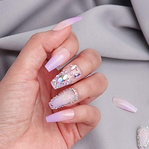24 Pcs Press on Nails Medium, Luvehandicraft Fake Nails with Glue, Designed Glue on Nails False Nails Women and Girls (Purple with Crystal)