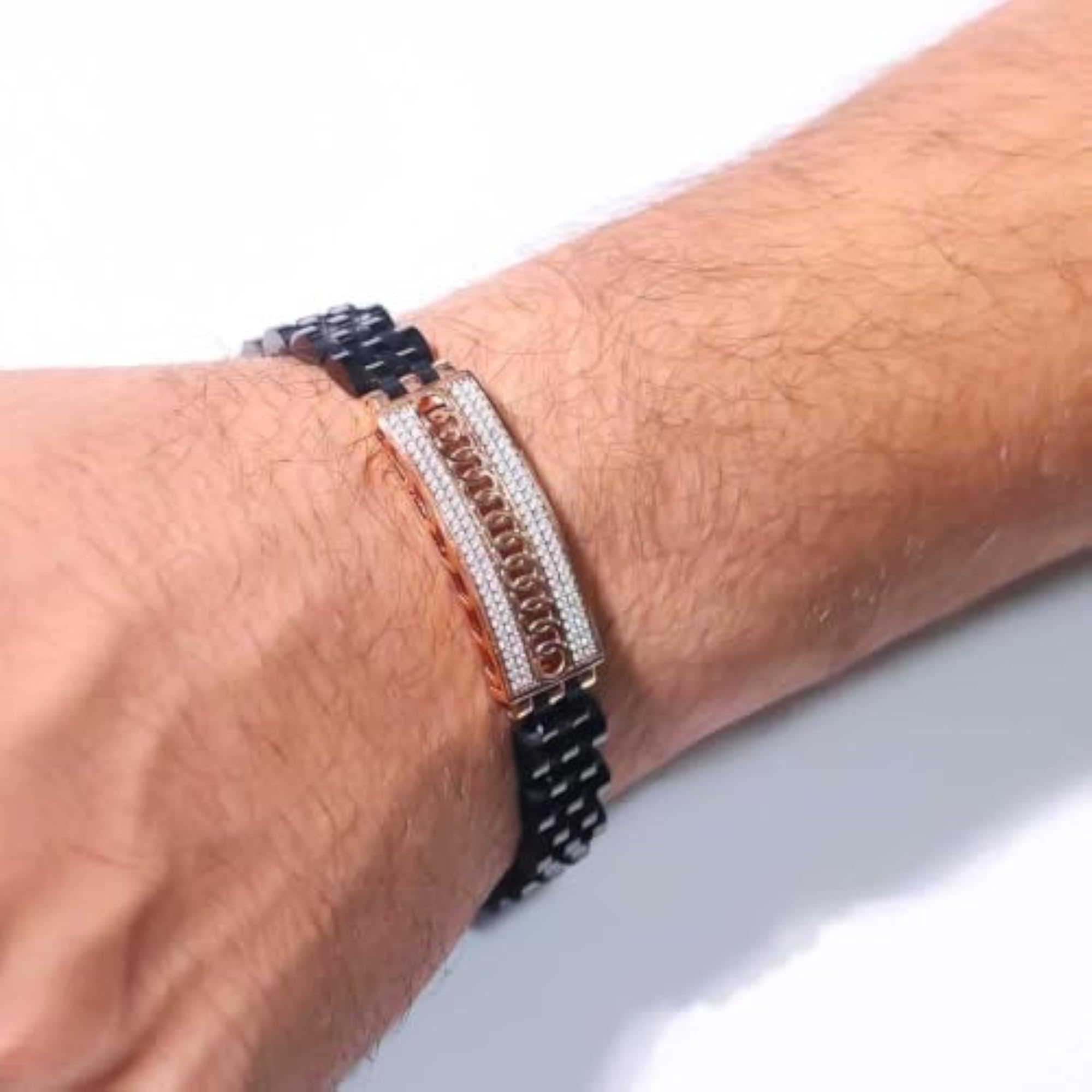 Men's 925 Sterling Silver Bracelet with Rose Gold CZ, Urban Style