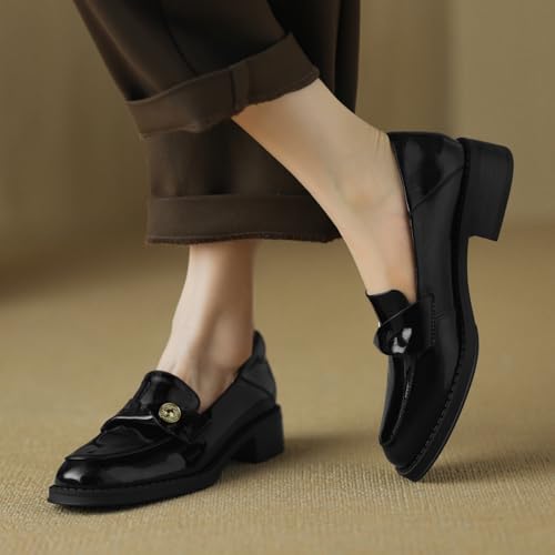 Image of Genuine Leather Womens Loafers - Black Closed Round Toe Slip-on Penny Loafers for Women, Comfortable Business Casual Dress Leather Shoes