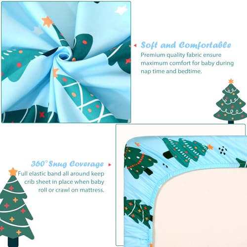 Image of JISEN Christmas Fitted Crib Sheets for Boys Girls 52x28 Inch Cartoon Tree