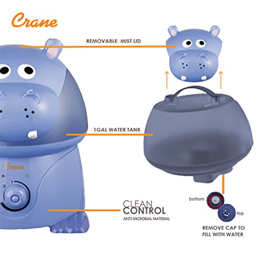 Crane Adorables Ultrasonic Humidifiers For Bedroom And Baby Nursery, 1 Gallon Cool Mist Air Humidifier For Large Room Or Kid's Room, Humidifier Filters Optional, Hippo #TOP4