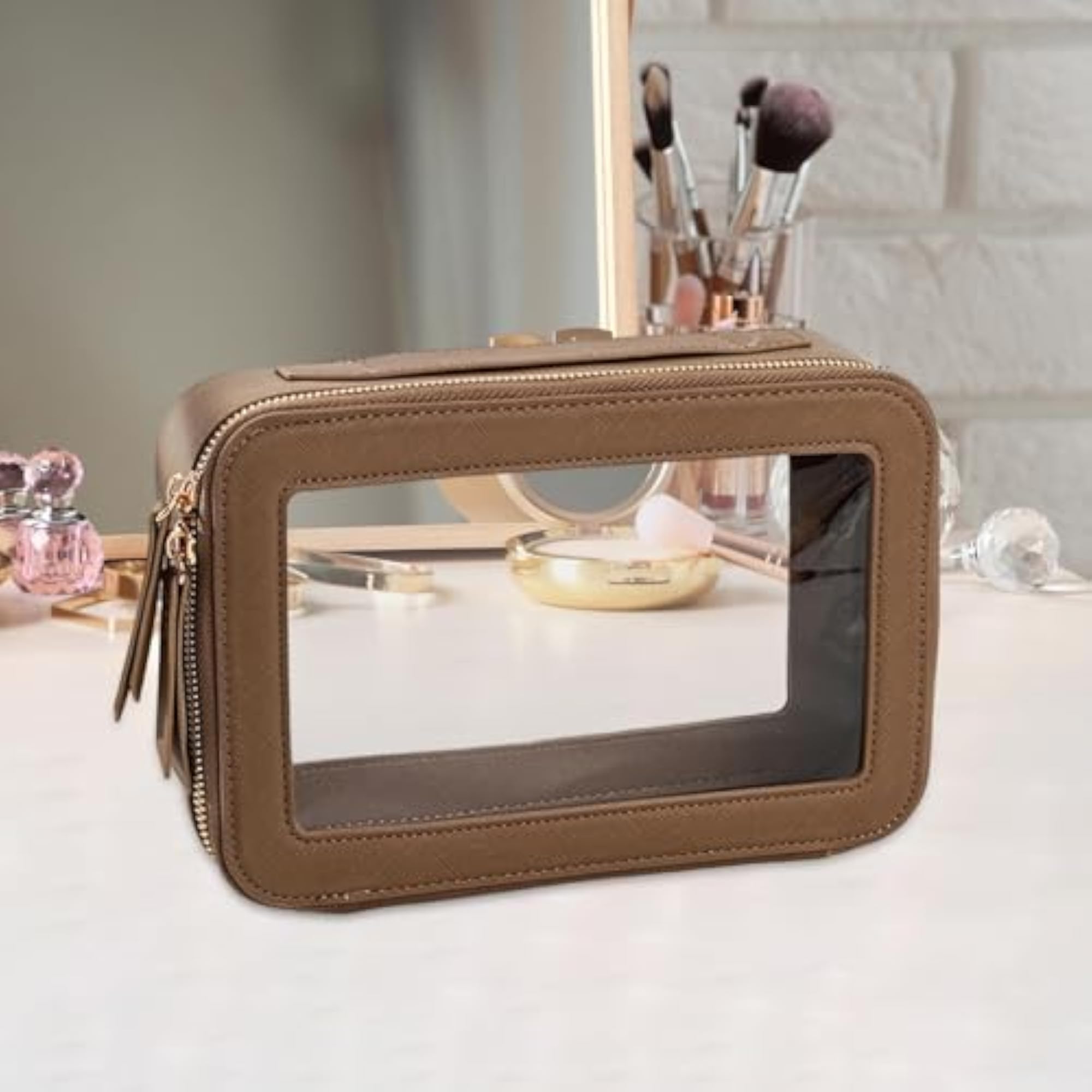 Clear Makeup Bag for Makeup Brushes, Toiletry Bag Gift for Women, Khaki