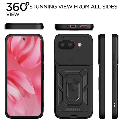 Image of Pikkme Back Cover for Google Pixel 9A | 360 Protection Case | Sliding Camera Shield Cover & Ring Holder Stand D10 Tough Armor Bumper Case (Black)