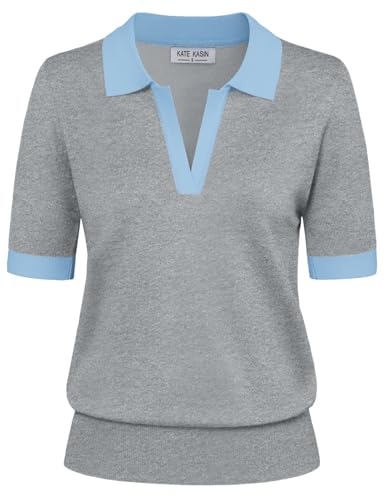 Kate Kasin Short Sleeve Sweaters for Women, Summer V Neck Knit Tops, Business Casual Polo Shirts Light Gray Blue