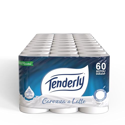 Tenderly Carezza di Latte, 60 Rotoli di Carta Igienica Morbidissima (10 conf da 6 rotoli), 2 Veli, Realizzata con Fibre 100% Naturali di Latte, Made in Italy