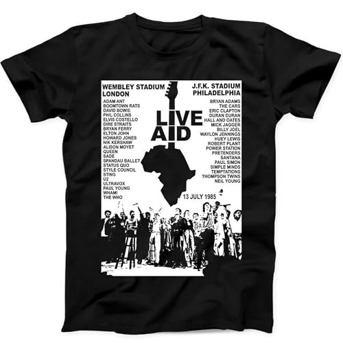 Purrgru 1985 Live Aid Concert Inspired T-Shirt, Music Gig Event Tee, 80s Retro Gift, Black Unisex Graphic Shirt (X-Large)