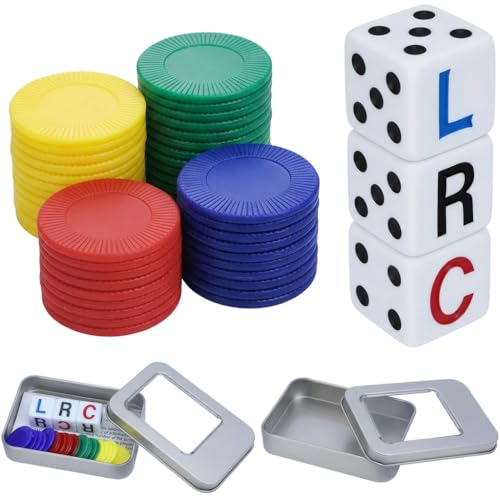 Left Right Centre Dice Game Fun Dice Games with 3 Dices + 40 Chips 4 Color Interactive Dice Toy Portable Round Corner Strike Dices Game for School Family Friends Gatherings Party with Storage box