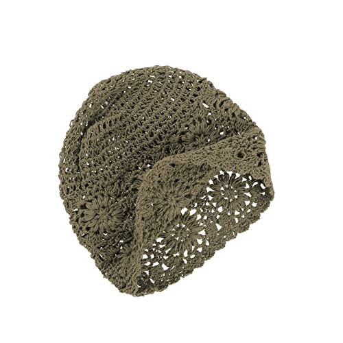 VGOL Bonnet Chapeau Fait Main Femme en Coton Kaki Tricot Découpe Vintage Floral Crochets Crâne Cap Filles pour 52-58cm Tour de Tête Printemps Été Automne