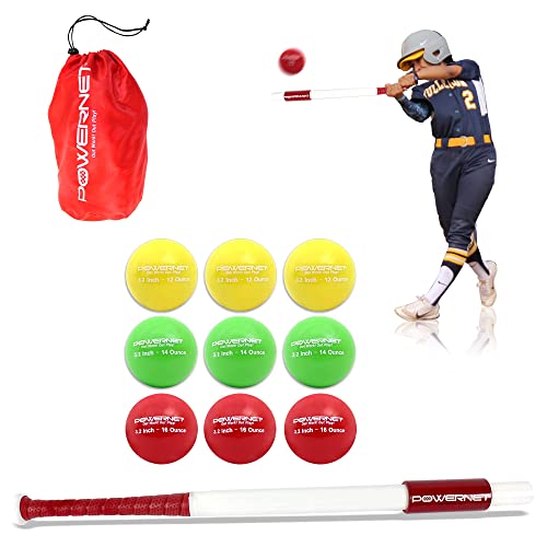 PowerNet Sweet Spot Training Bat + 3.2" Progressive Softball Training Balls for Hitting & Pitching, LITE 9 Pack Weighted Balls & 31" Weighted Bat (28 oz), Improve Hand-Eye Coordination and Power