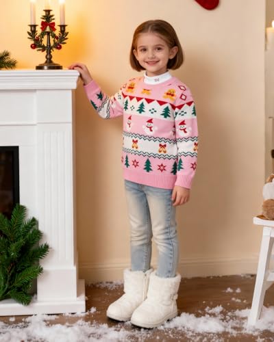 Image of Toddler Christmas Sweater Snowman Girls Knit Crewneck Snowflake Pullover Kids Cute Xmas Pink Clothes Tops 3-7 Years