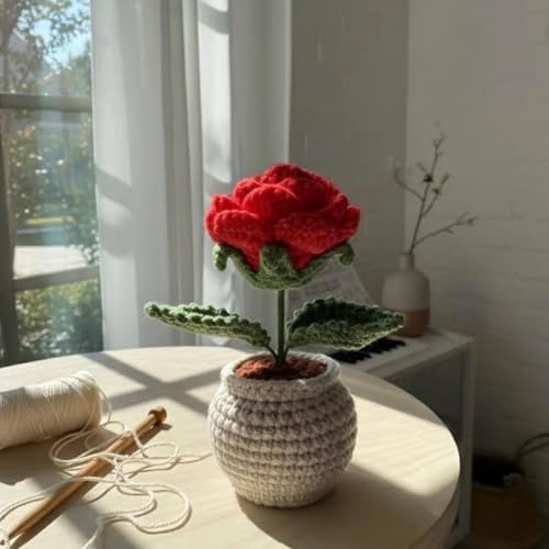 Image of Handmade Crochet Sunflower Pot - Eco-Friendly Knitted Flower Plant, Perfect Decorative Piece for Home, Office Table & Gifting Purpose (Rose)