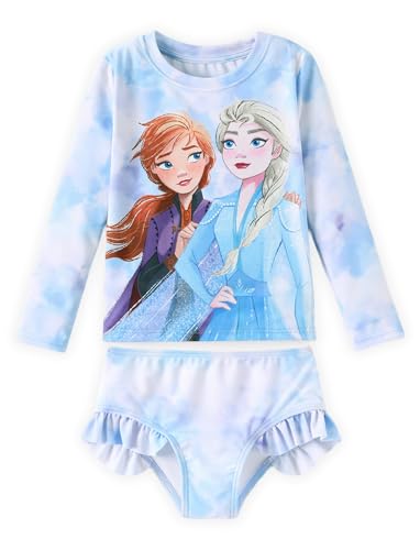 Disney Frozen Elsa Two Piece Tankini Swimsuit Little Girl Long Sleeve Holiday Rash Guard Set UPF 50+ Beach Bathing Suit Blue Size 6-7 Years