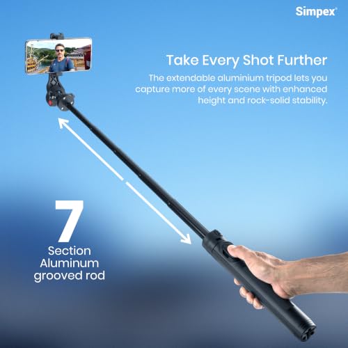 Image of Simpex SST-63 160cm Aluminum Tripod Selfie Stick with Wireless Remote, 360 Ball Head, 7-Section Extendable Stand, 3-Leg Stable Base & Compatible with Smartphones & Action Cameras