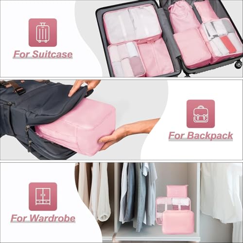 Image of 7 Pcs Travel Organizer Bag Set for Luggage | Waterproof Packing Cubes for Clothes, Shoes & Toiletries | Foldable Travel Storage Bags for Men & Women | Black Travel Pouch Set (PINK)