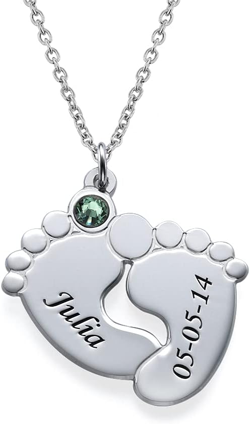 Personalized Baby Feet Necklace - Sterling Silver or 18K Gold Plated - with Birthstone or Diamond - Engraved Charms - Mom, Mother Jewelry Gift