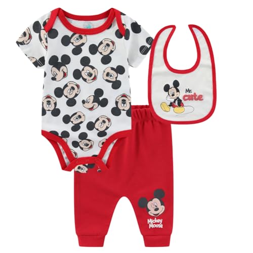 Disney Mickey Minnie Mouse Winnie the Pooh Stitch Baby Boys Girls Bodysuit with Bib and Pants 3 Piece Set for Newborn Infants