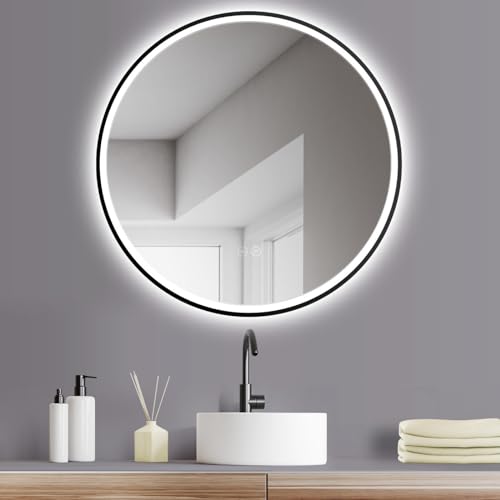 HOKO® Specchio da Parete Rotondo 80cm+Antiappannamento+Cornice in Nero+Comando Tattile+Regolazione...