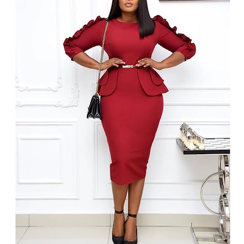 Long Dress Women Women Plus Size Midi Pencil Dress Ruffle Party Club Cocktail Bodycon Wrap Dresses Crew Neck2