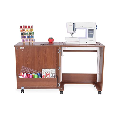 Arrow Sewing Classic Furniture “Judy” Sewing Cabinet: Portable, Folding, Compact, Locking Wheels, with Storage Bin and Hydraulic Machine Lift-Teak