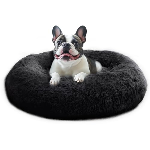 Image of JOLLYVOGUE Calming Dog Beds Large Sized Dog, 36in Donut Washable Large Pet Bed, Anti-Slip & Anti-Anxiety Fluffy Faux Fur Round Dogs Bed, Fits up to 80 lbs Pets (Black)