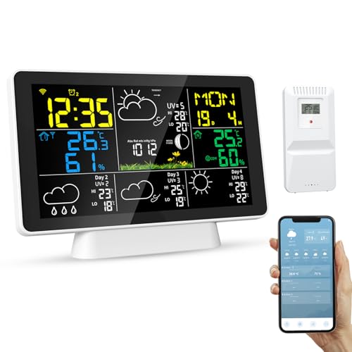 Stazione meteo WiFi radio con sensore esterno 2,4 GHz, telefono cellulare APP/WiFi, stazione meteo con orologio radio DCF, display digitale a colori, temperatura interna ed esterna, funzionamento a
