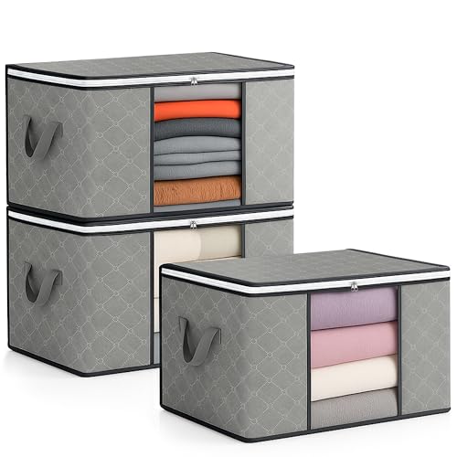 unycos - Cajas para Almacenaje de Ropa x 3【60L】 Bolsas Plegables con Ventana Transparente, Doble Cremallera y Asas Reforzadas, Organizador de Toallas, Edredones, Juguetes | Hasta 12 kg (Grey/Black)