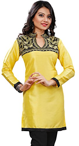 Maple Clothing Women's Plus Size Silk Kurta Kurti India Embroidered Tunic (Yellow, 5XL)