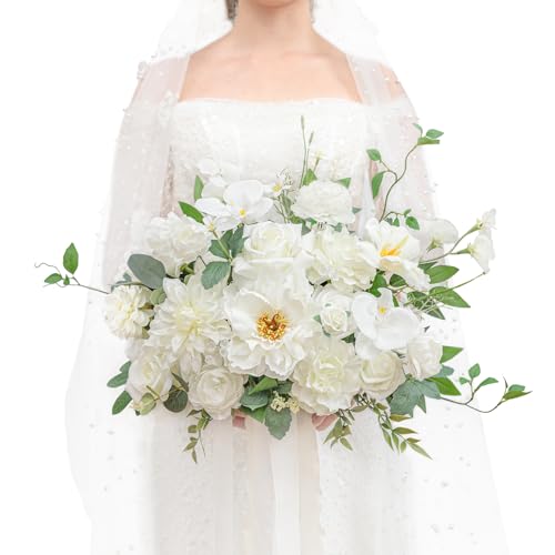 TINGE TIME 13 Inch Wedding Bouquets for Bride,Bridal Bouquet for Bride, Artificial Silk Flowers for Wedding Ceremony and Anniversary (IvoryWhite)