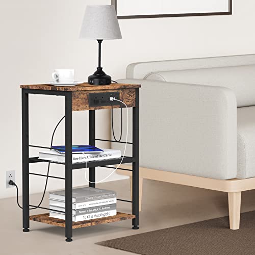 Nightstand With Charging Station End Table With Usb Ports And Power Outlets Side Tables Bedroom With Storage Shelves Industrial End Table 3 Tier Usb Bedside Tables In Living Room Farmhouse Brown #TOP6