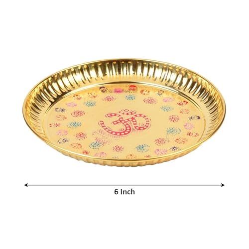 Image of Klassic Decorative Handicraft Flower Embossed Design Brass Om Pooja Thali /Plate | 6 Inch Size | Best for Home & Office Decoration & Gifting (Pack of 4, Golden)