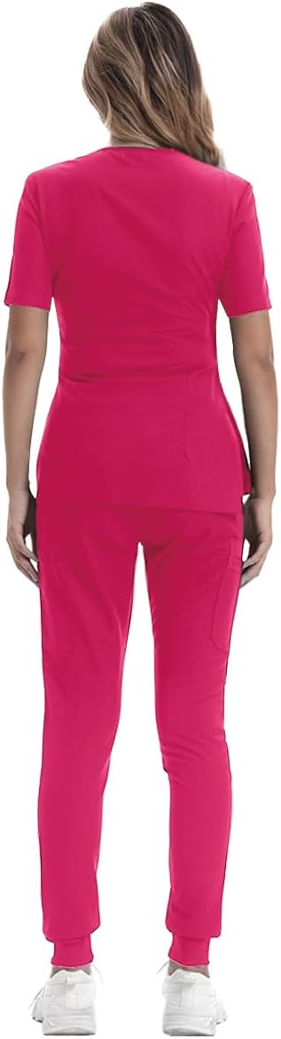 Scrubs for Women Set, Medical Scrubs Top & Pants, Jogger Scrub Set w/ 10 Pocket, Slim Fit