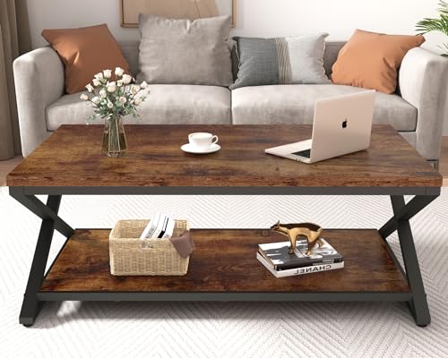 HSH Rustic Coffee Table with Storage Shelf, Industrial Metal Wood Living Room Table, Farmhouse Minimalist Rectangle Center Table, Vintage Simple 2 Tier Cocktail Tea Table, Rustic Brown, 47 Inch