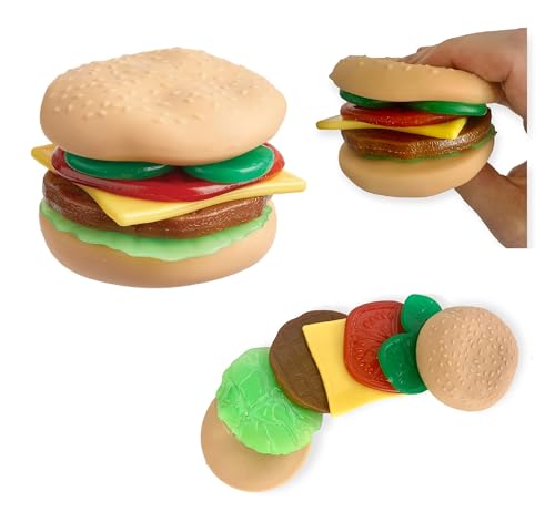 Hapros Stretchy Burger Sensory Toy Play Food 7pc Set, Stackable Stretchy Hamburger Toy with Toppings and Bun