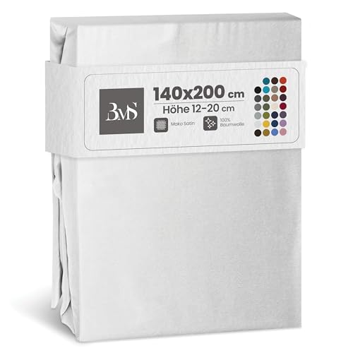 Bettwaesche-mit-Stil Mako Satin Spannbettlaken Spannlaken Spannbetttuch (140 cm x 200 cm, Matratzenhöhe 12-20 cm, Weiß)