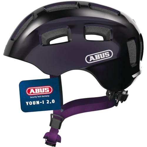 ABUS Fahrradhelm Youn-I 2.0 - mit Licht für Kinder, Jugendliche und junge Erwachsene - für Mädels und Jungs - Schwarz/Lila, Größe S