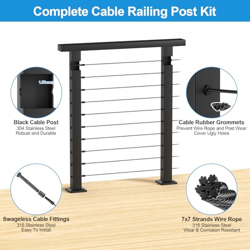 RailinGo 36\" Cable Railing Post Kits, Fixed Top Cable Post System Includes 4Pack Black Level Drilled Posts, 1/8\" Black Wire Rope with Cutter, Swageless Cable Railing System Kit(No Handrail), RG21