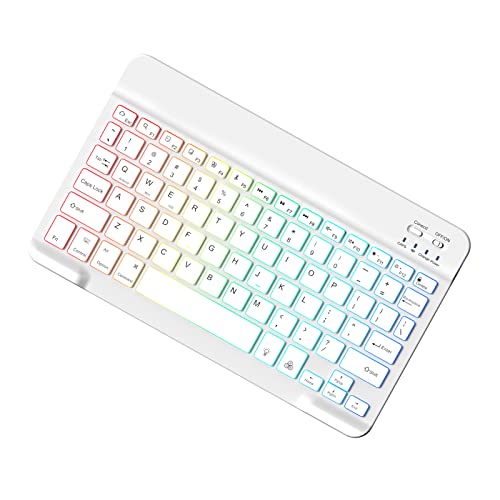 Dolpking Wireless Backlit Bluetooth Keyboard, Upgrade 7 Colors Rainbow Ultra Slim Rechargeable Keyboard, Universal Mini Portable Keyboard for iPad Tablets Phones Computer Laptops PC,White