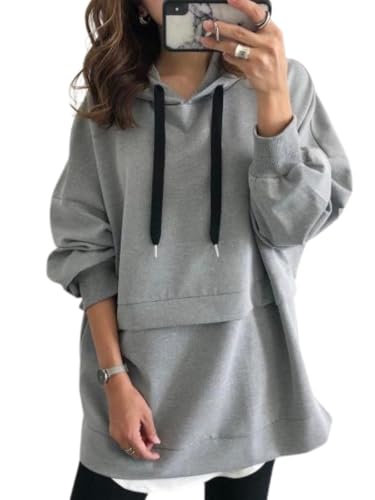 [フェイミー] ゆったり パーカー 大きいサイズ 長袖 レディース 秋 冬 フード トレーナー 無地 カジュアル おしゃれ シンプル グレー 灰色 L