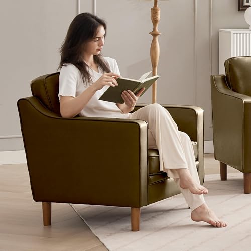 Image of Kingfun Accent Chair Set of 2, Living Room Chairs, Faux Leather Reading Armchair, Mid Century with Solid Wood Foot, Upholstered Modern Decor for Bedroom, Apartment