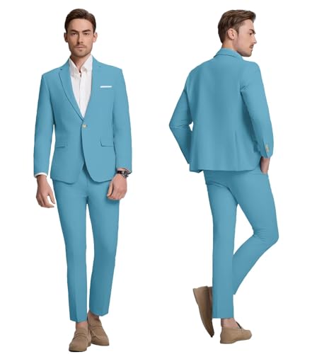 Mens Cotton Suit 2 Piece Set Slim Fit One Button Solid Dress Casual Blazer Formal Wedding Party Prom Tuxedo Jacket and Pants4