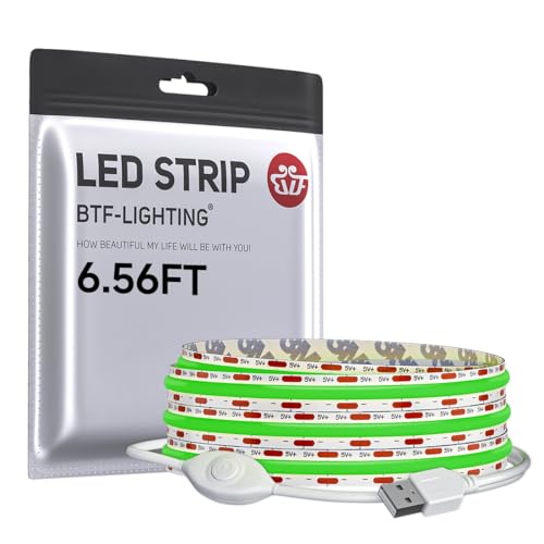 Image of BTF-LIGHTING FCOB COB LED Strip Lights 5V USB Powered Green Color for TV | 6.56FT 640LEDs CRI90+ Dimmable Super Bright LED Light with 3M Tape for TV Backlight PC 3D Printer Cabinet Home DIY Lighting