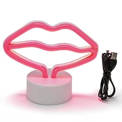 Jwthee Lip Shaped Neon Signs, Pink USB & Battery Powered LED Neon Ligh Lamp with Stand, Girls Room Decoration Accessory, LED Table Decoration, Bedroom Wall Decoration, 14cm / 5.5in