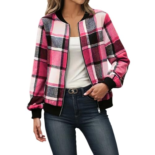 Chaqueta de béisbol informal a cuadros con cremallera para mujer como ropa de abrigo de moda en invierno, ideal para uso diario en la oficina, combinaciones de estilo callejero, Rosa intenso., S