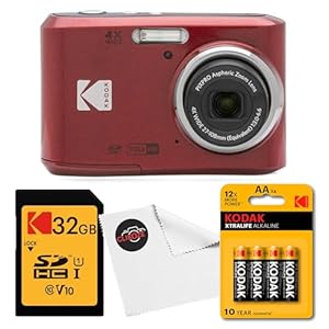 Kodak PIXPRO FZ45 Digital Camera (Red) Bundle with 32GB Class 10 SDHC Memory Card, Kodak AA Xtralife batteries Batteries (4-Pack) and Clikoze Lens Cloth