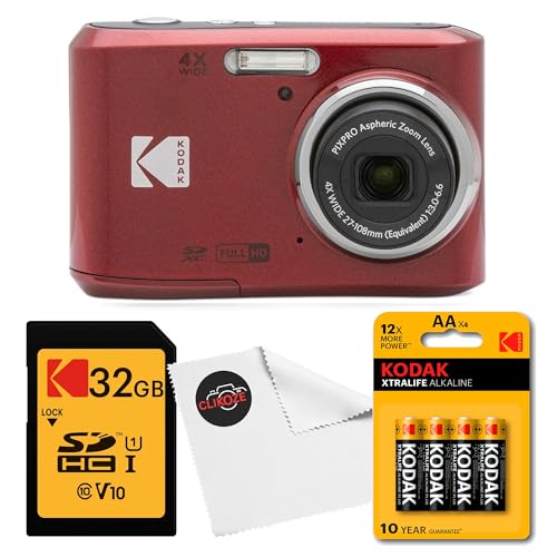 Kodak PIXPRO FZ45 Appareil photo numérique avec carte mémoire SDHC classe 10 32 Go, piles Kodak AA Xtralife (lot de 4) et chiffon d'objectif Clikoze Rouge