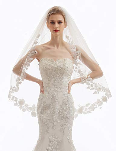Elawbty Womens 2 Tier Fingertip Length Short Lace Wedding Bridal Veil With Comb X23 Ivory #TOP2