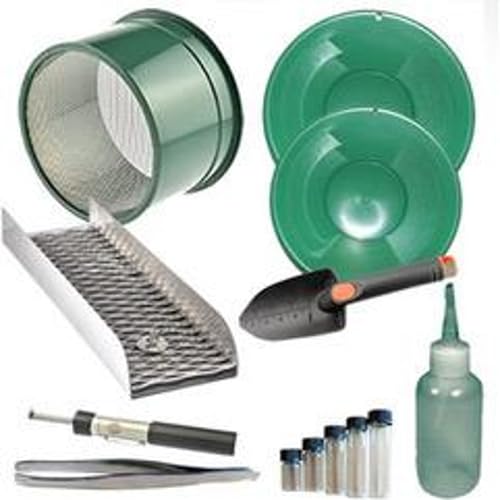 Gold Panning Kit 10" & 14" Gold Pans, 6" Mini Classifier, Vials, Tweezers, Sniffer, Bottle Black Sand Magnet & Mini Pocket Sluice Box