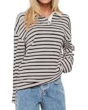 BAIGRAM Women Y2K Striped Rugby Polo Shirt Oversized Long Sleeve V Collar Sweatshirt Preppy Pullover 90s Clean...