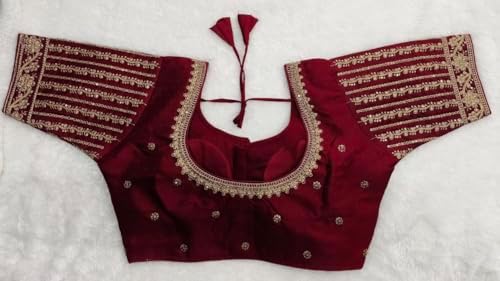 Pujia Mills Women's Readymade Blouse Embroidery Multi Coding Gold Thread Indian Ethnic Designer Stitched Readymade Saree Half Sleeve Blouse for Women for Saree Lehenga Choli
