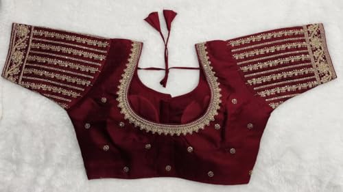 Pujia Mills Women's Ready-Made Blouse Embroidery Multi Coding Gold Thread Indian Ethnic Designer Stitched Readymade Saree Half Sleeve Blouse for Women for Saree Lehenga Choli